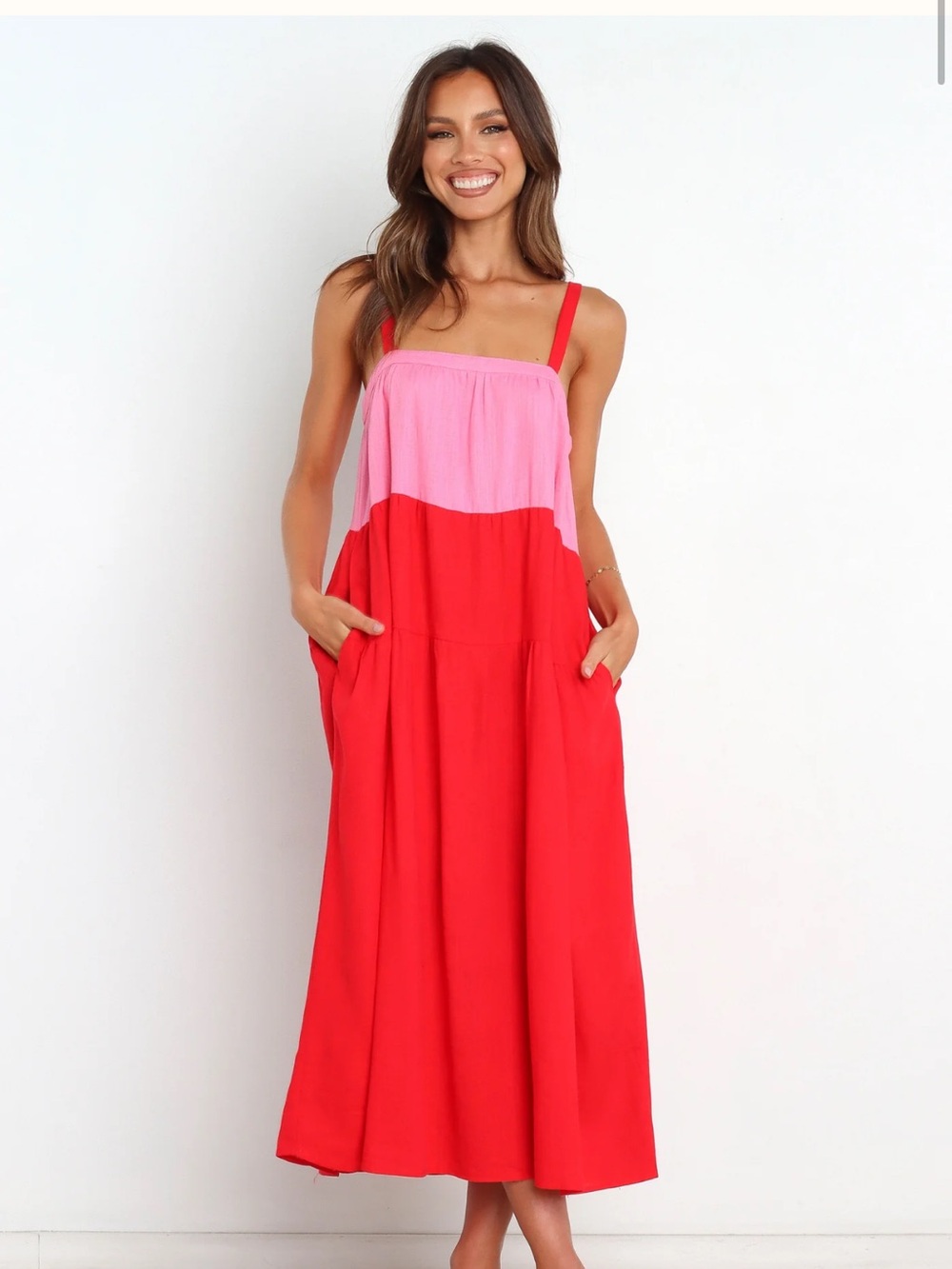 Petal & Pup Aliana Pink Red Linen Blend Empire Waist Flowy Boho Maxi Dress XL